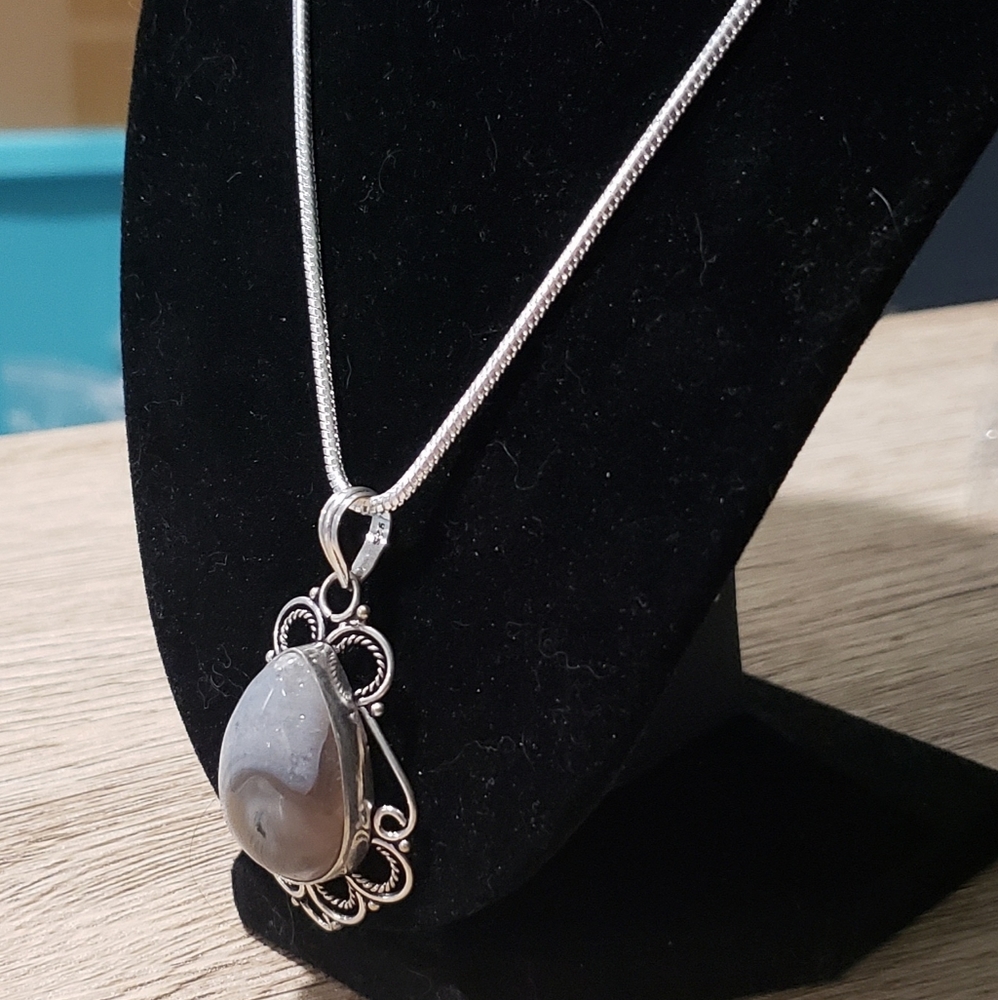 Men's Multi Color Botswana Agate Silver Necklace - Picture 10 of 10